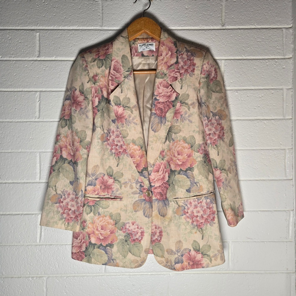 Vtg Alfred‎ Dunner Floral Blazer 6 Petite Pink Rose Cottagecore USA Career Artsy